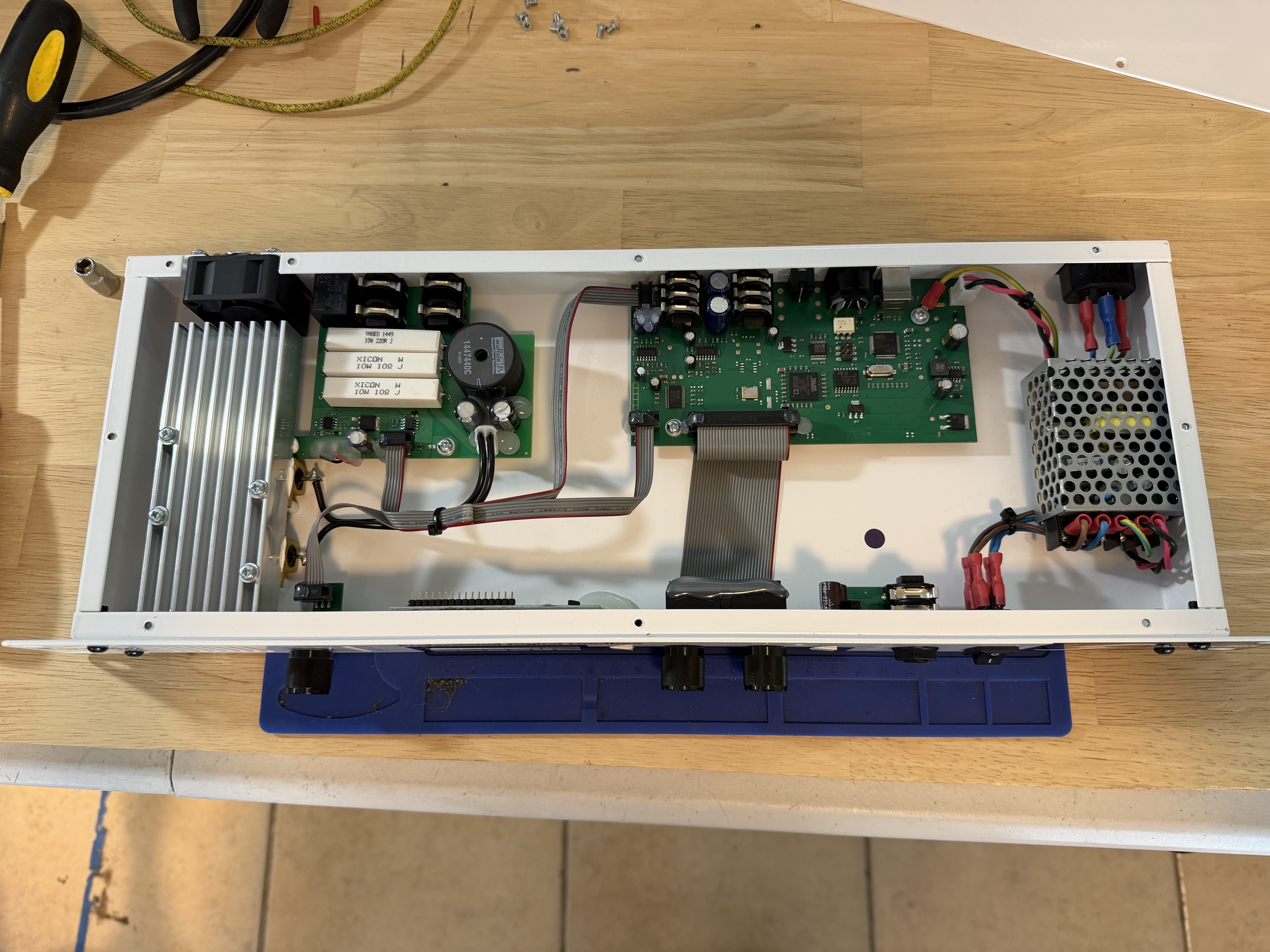 Inside an audio load box on the bench